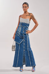 UP TO NO GOOD DISTRESSED DENIM MAXI DRESS