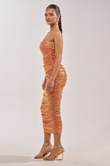KILL THE LIGHTS STRAPLESS RHINESTONE MIDI DRESS IN PEACH BELLINI