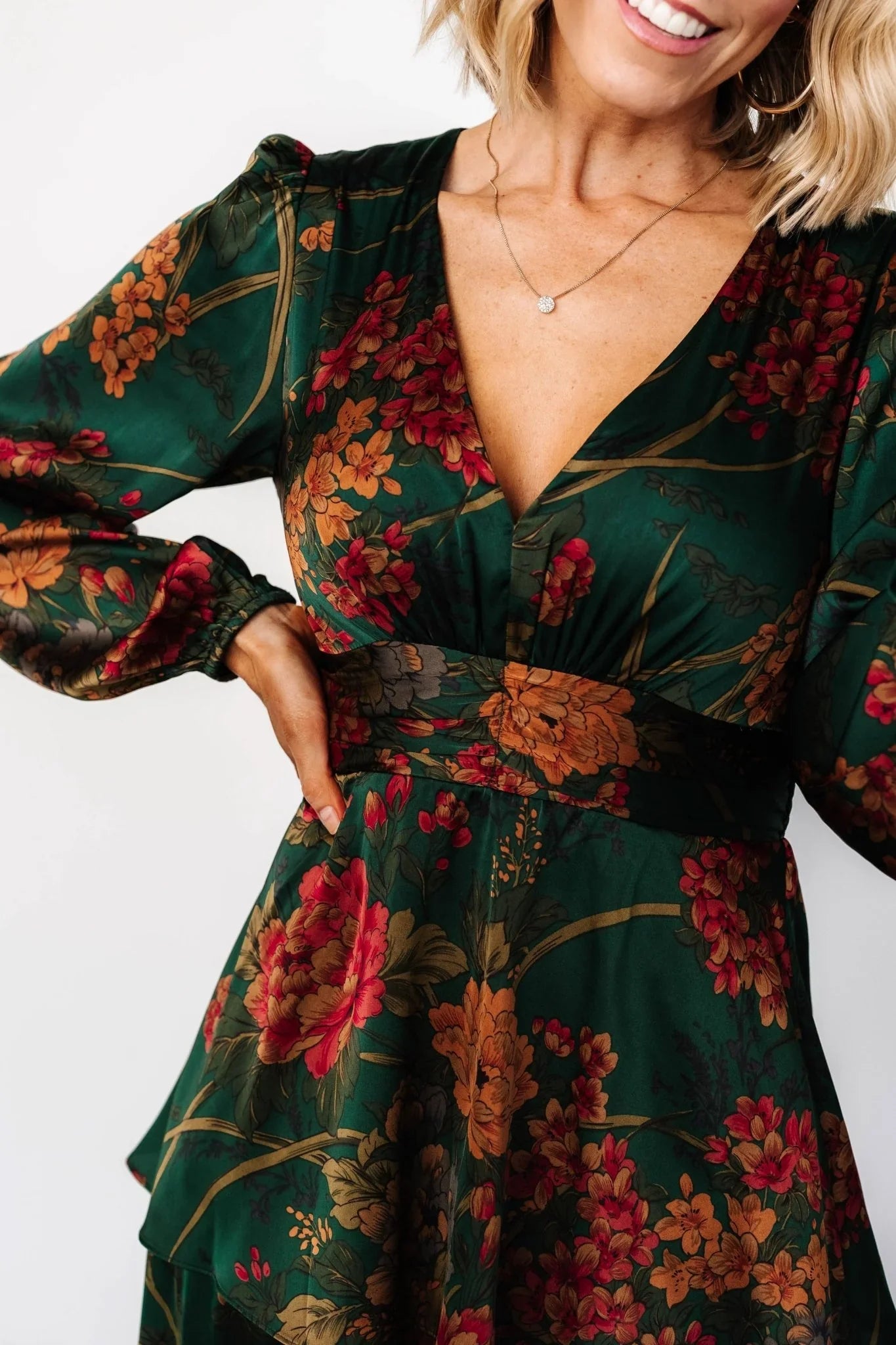 Montrouge Tiered Satin Dress | Emerald Floral