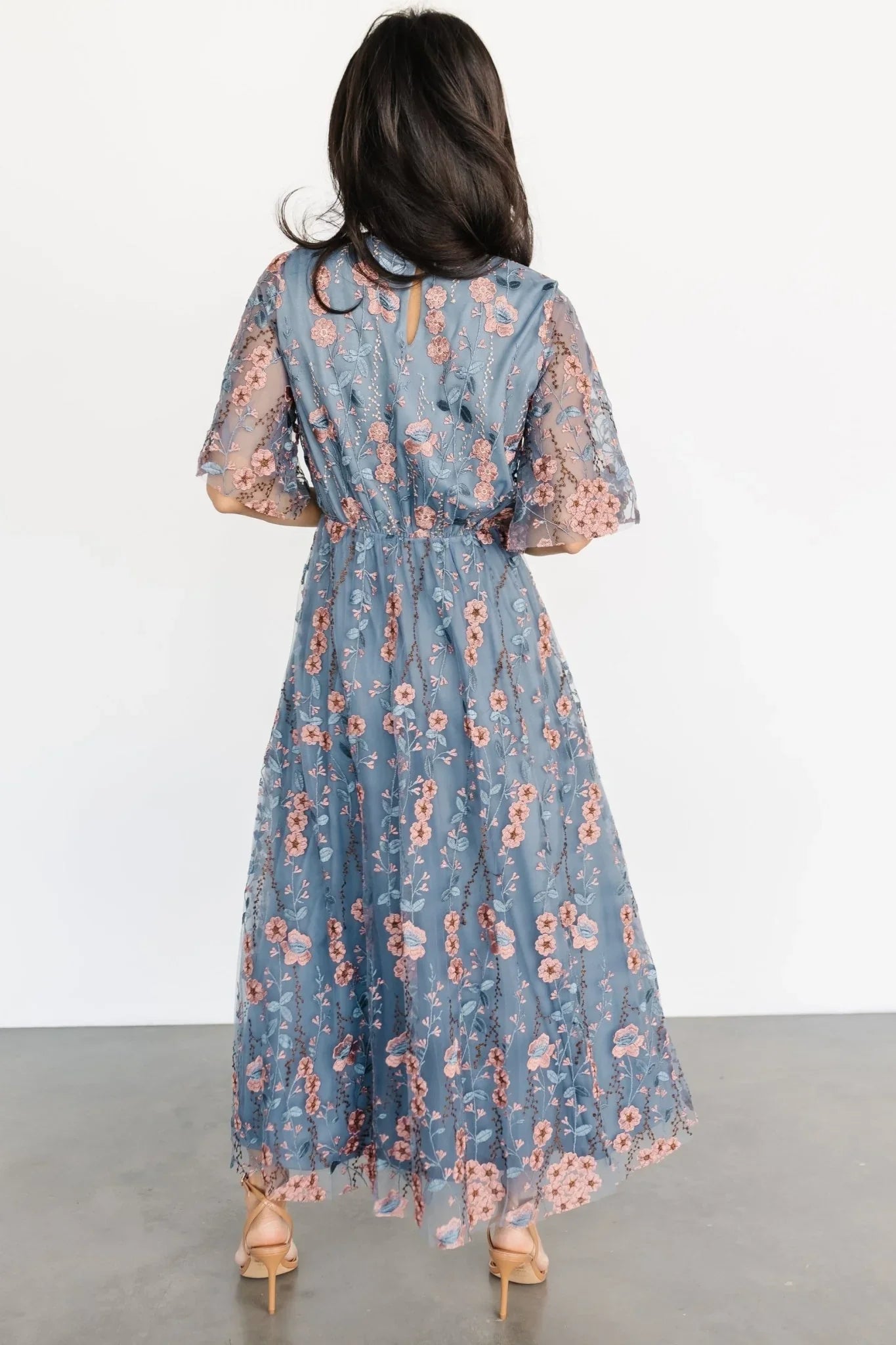 Arabella Embroidered Tulle Maxi Dress | Blue + Pink