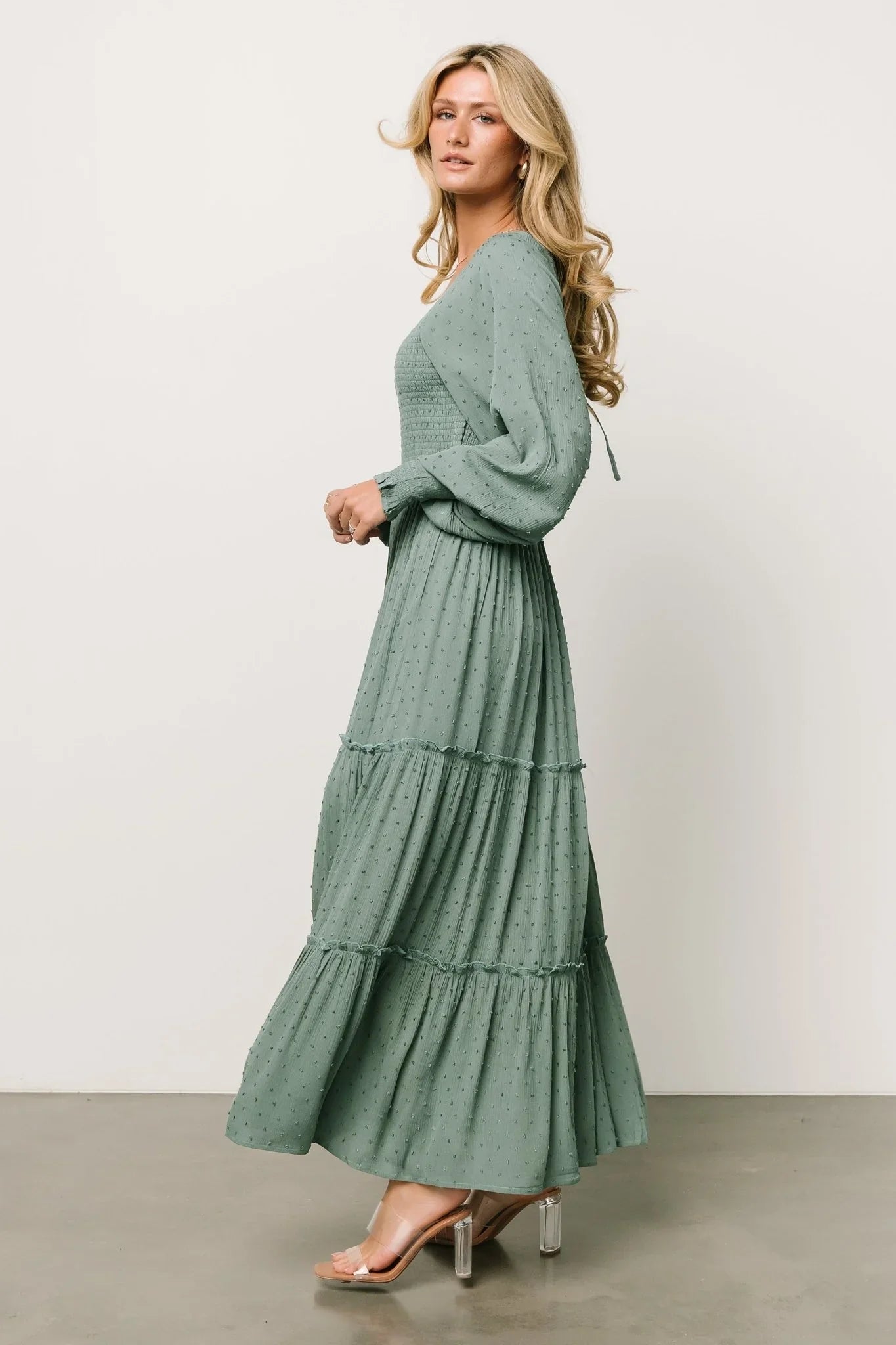 Bayley Smocked Dotted Maxi Dress | Dark Eucalyptus