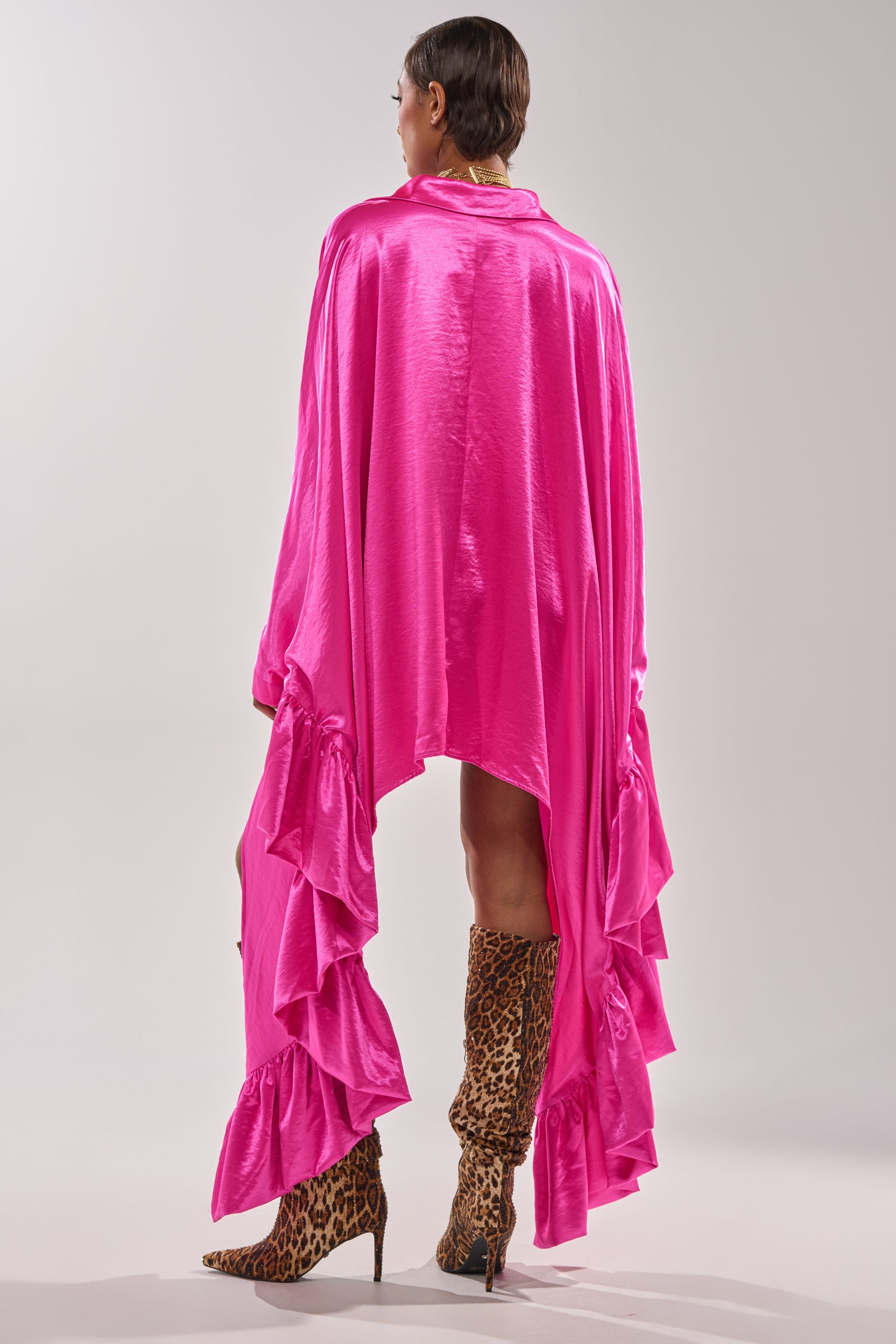 WONDERLUST SATIN LONG SLEEVE MINI DRESS IN PINK