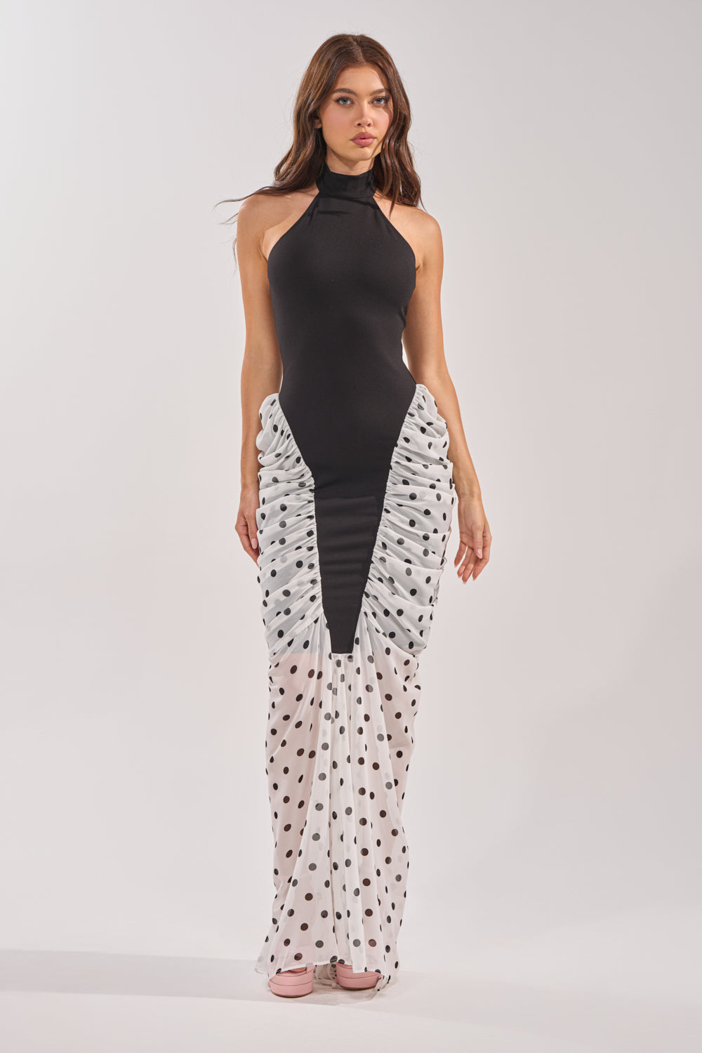 OUT FOR THE NIGHT MOCK NECK MAXI DRESS IN POLKA DOT