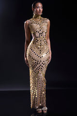 QUEEN OF EVERYTHING MIRRORED MAXI DRESS IN GOLD
