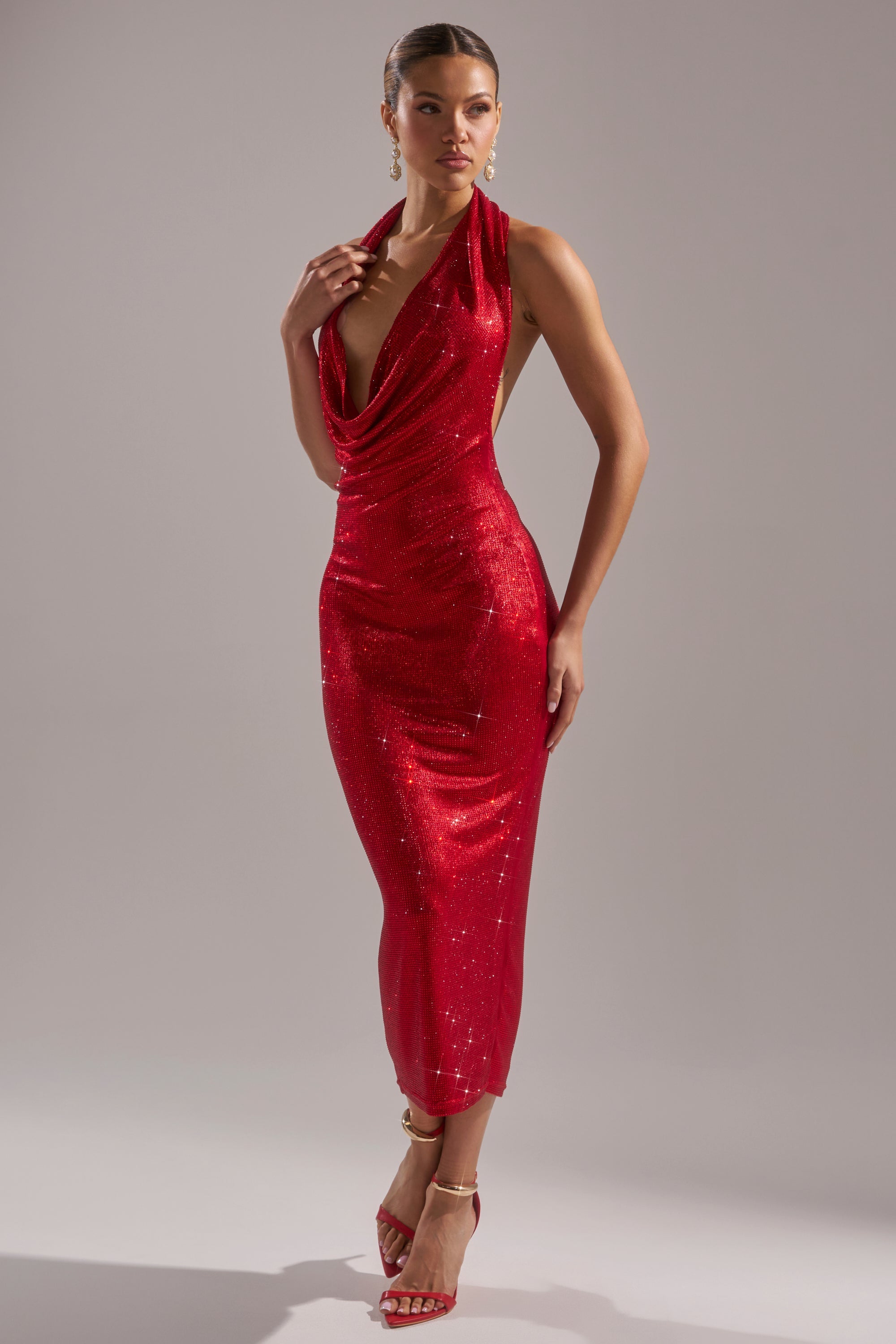 POPPIN' BOTTLES RHINESTONE MAXI DRESS IN RED